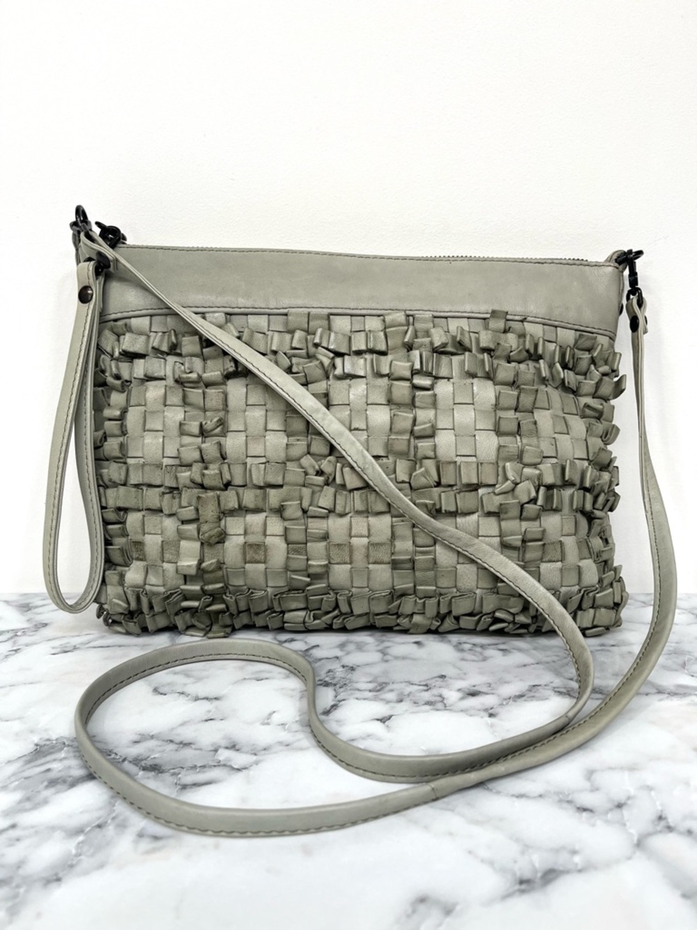 Hobo woven leather loop fringe crossbody bag Sage green convertible wristlet
